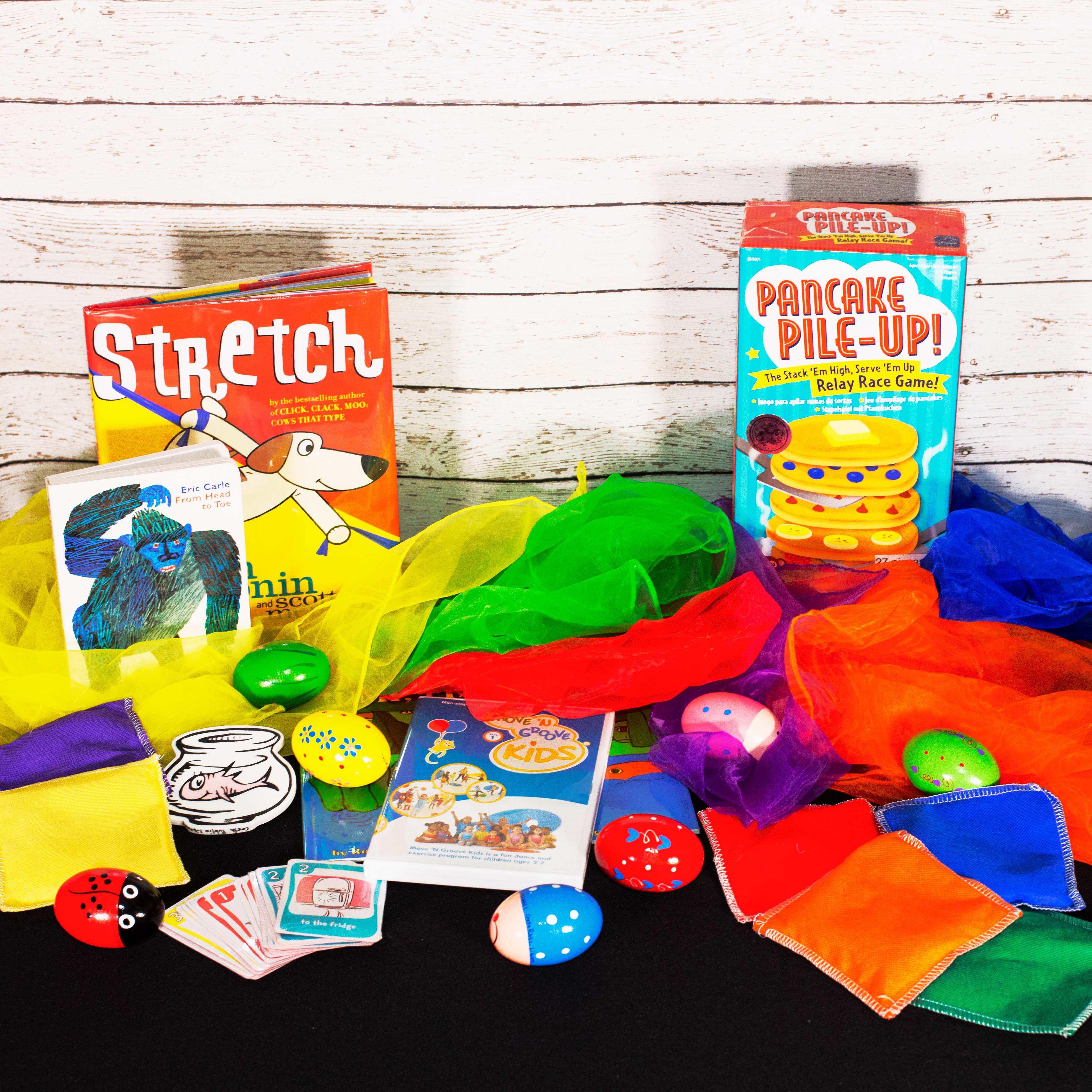 Pancake Pile-Up! I Can Do That Movement Manipulatives (Egg Shakers, Scarves, and Beanbags) Move ‘N Groove Kids Vol. 1 DVD From Head to Toe by Eric Carle Jump, Frog, Jump! by Robert Kalan Stretch by Doreen Cronin Backpack Parent Guide Inventory Sheet Check For Availability